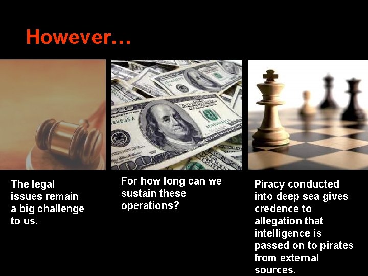 However… The legal issues remain a big challenge to us. For how long can