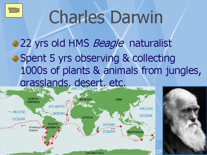 Charles Darwin 22 yrs old HMS Beagle naturalist Spent 5 yrs observing & collecting