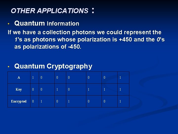 OTHER APPLICATIONS • : Quantum Information If we have a collection photons we could
