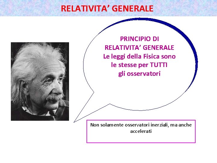 RELATIVITA’ GENERALE PRINCIPIO DI RELATIVITA’ GENERALE Le leggi della Fisica sono le stesse per