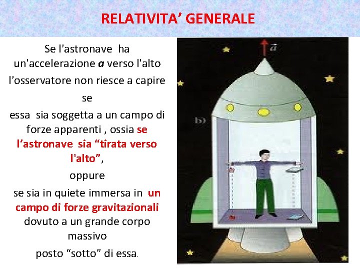 RELATIVITA’ GENERALE Se l'astronave ha un'accelerazione a verso l'alto l'osservatore non riesce a capire