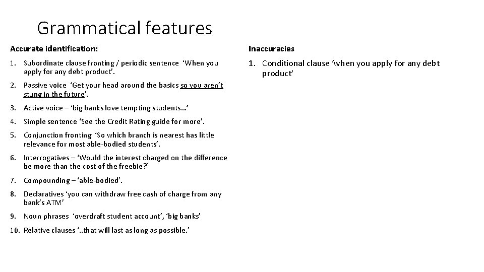 Grammatical features Accurate identification: Inaccuracies 1. Subordinate clause fronting / periodic sentence ‘When you
