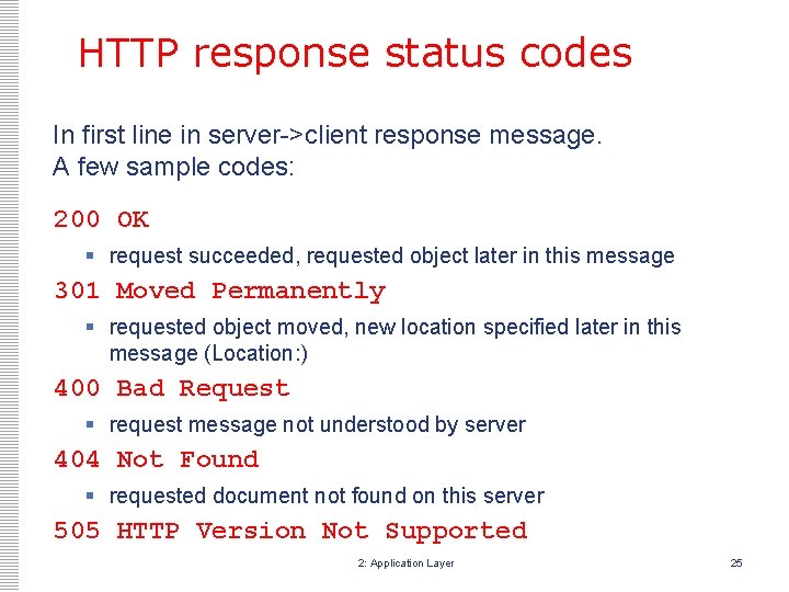 HTTP response status codes In first line in server->client response message. A few sample HTTP response status codes In first line in server->client response message. A few sample