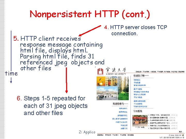 Nonpersistent HTTP (cont. ) 4. HTTP server closes TCP connection. 5. HTTP client receives Nonpersistent HTTP (cont. ) 4. HTTP server closes TCP connection. 5. HTTP client receives