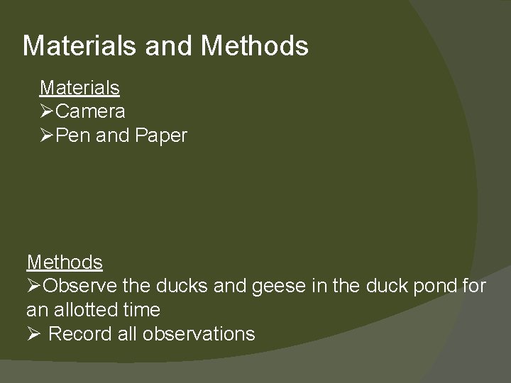 Materials and Methods Materials ØCamera ØPen and Paper Methods ØObserve the ducks and geese