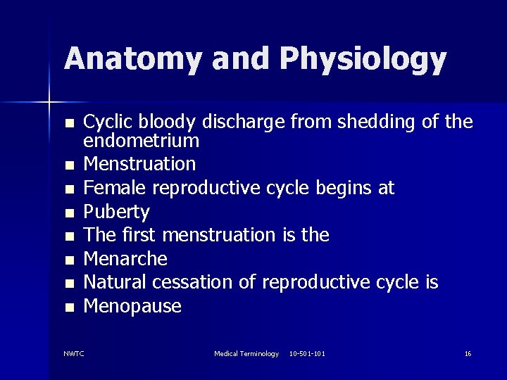 Anatomy and Physiology n n n n Cyclic bloody discharge from shedding of the