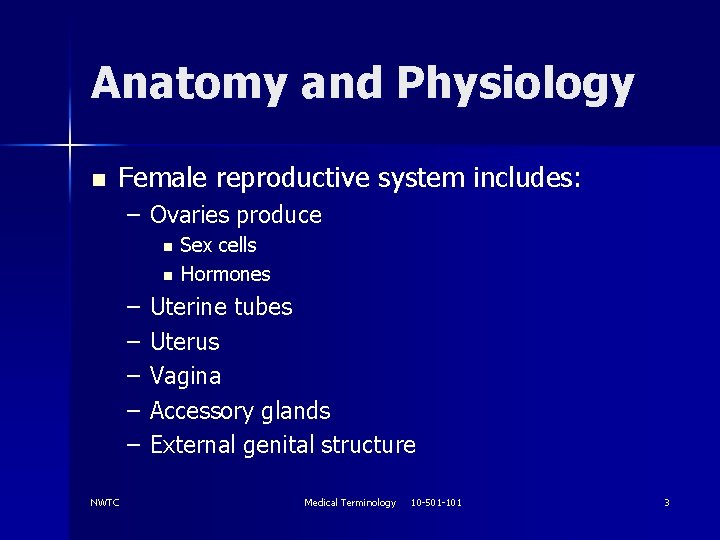Anatomy and Physiology n Female reproductive system includes: – Ovaries produce n n –