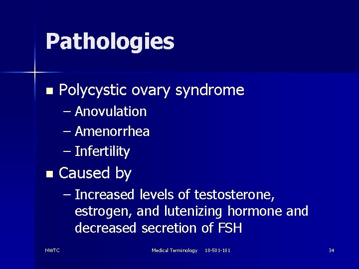 Pathologies n Polycystic ovary syndrome – Anovulation – Amenorrhea – Infertility n Caused by