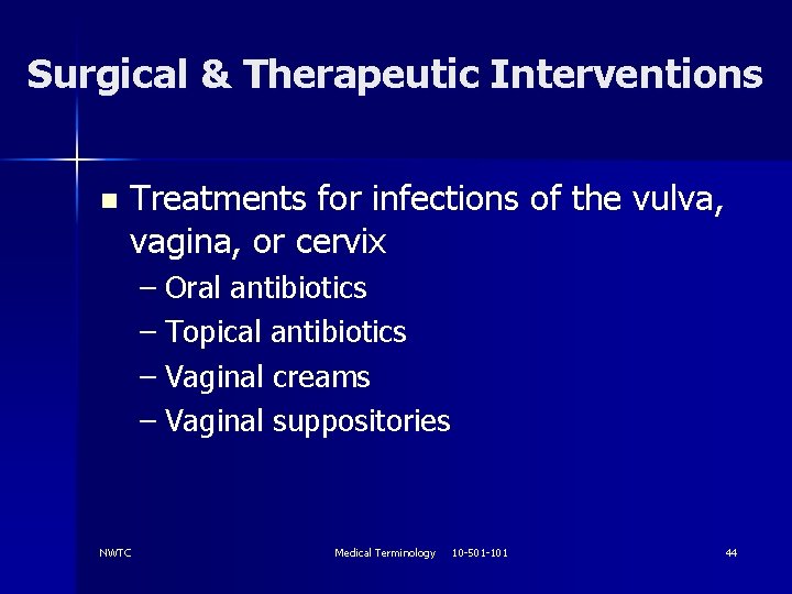 Surgical & Therapeutic Interventions n Treatments for infections of the vulva, vagina, or cervix