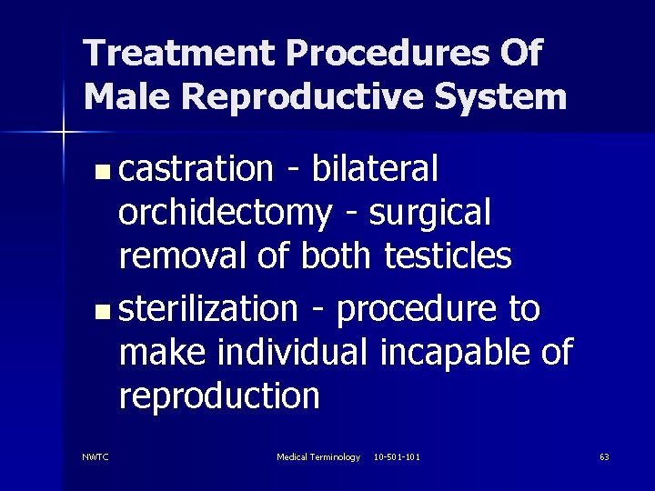 Treatment Procedures Of Male Reproductive System n castration - bilateral orchidectomy - surgical removal