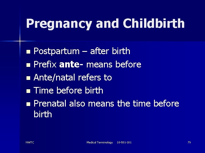 Pregnancy and Childbirth Postpartum – after birth n Prefix ante- means before n Ante/natal