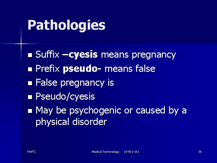Pathologies Suffix –cyesis means pregnancy n Prefix pseudo- means false n False pregnancy is