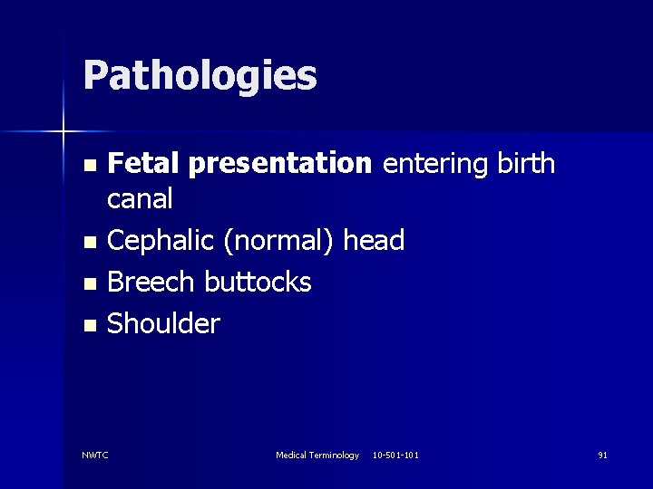 Pathologies Fetal presentation entering birth canal n Cephalic (normal) head n Breech buttocks n