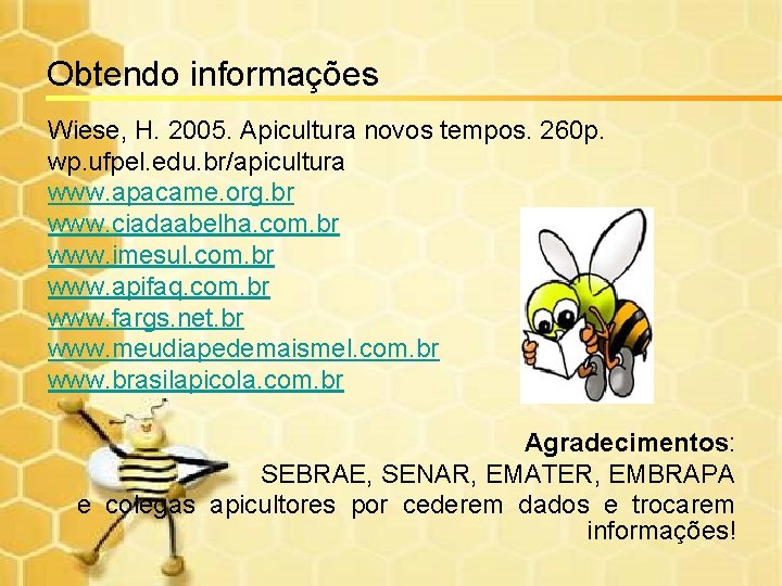 Obtendo informações Wiese, H. 2005. Apicultura novos tempos. 260 p. wp. ufpel. edu. br/apicultura