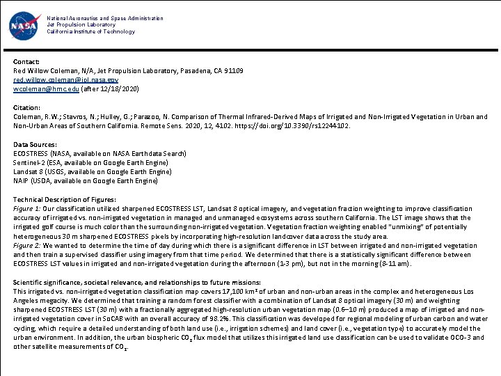 National Aeronautics and Space Administration Jet Propulsion Laboratory California Institute of Technology Contact: Red