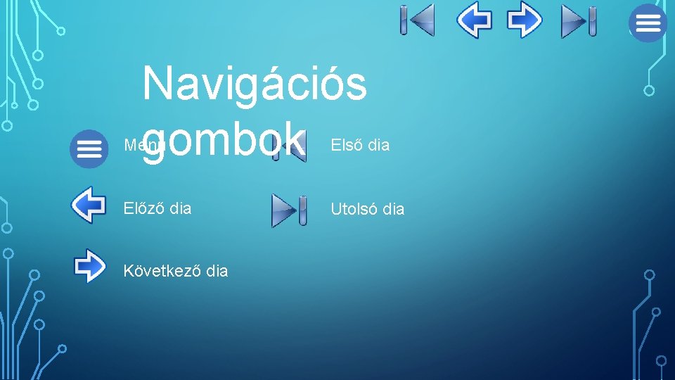 Navigációs gombok Menü Első dia Előző dia Utolsó dia Következő dia 