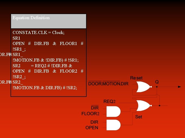 Equation Definition CONSTATE. CLK = Clock; SR 1 OPEN # DIR. FB & FLOOR