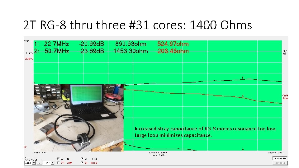 2 T RG-8 thru three #31 cores: 1400 Ohms Increased stray capacitance of RG-8