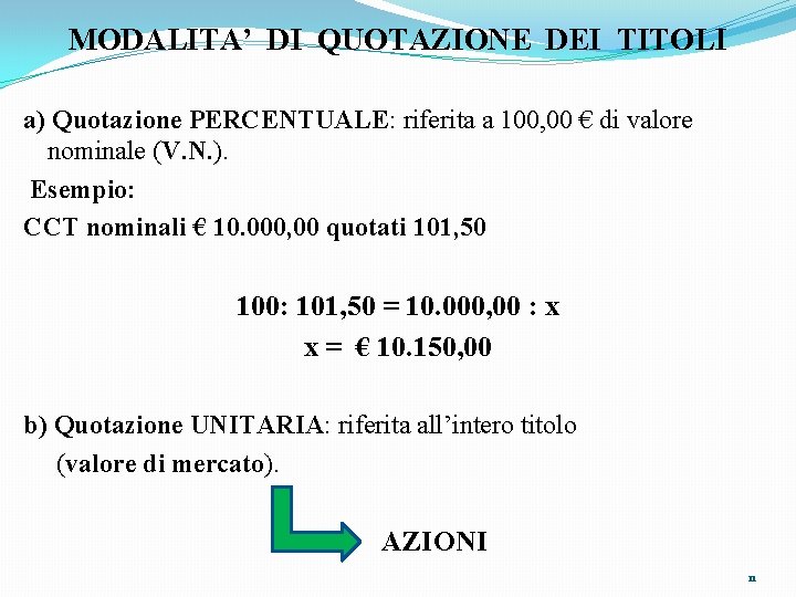 MODALITA’ DI QUOTAZIONE DEI TITOLI a) Quotazione PERCENTUALE: riferita a 100, 00 € di