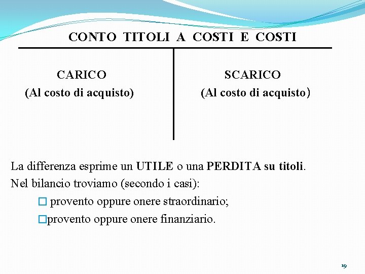 CONTO TITOLI A COSTI E COSTI CARICO (Al costo di acquisto) SCARICO (Al costo