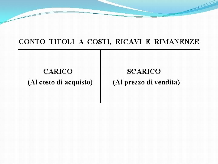 CONTO TITOLI A COSTI, RICAVI E RIMANENZE CARICO (Al costo di acquisto) SCARICO (Al