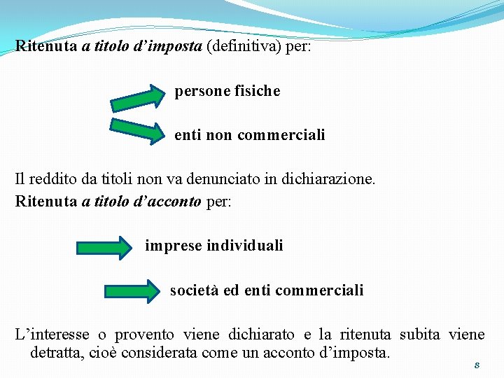 Ritenuta a titolo d’imposta (definitiva) per: persone fisiche enti non commerciali Il reddito da