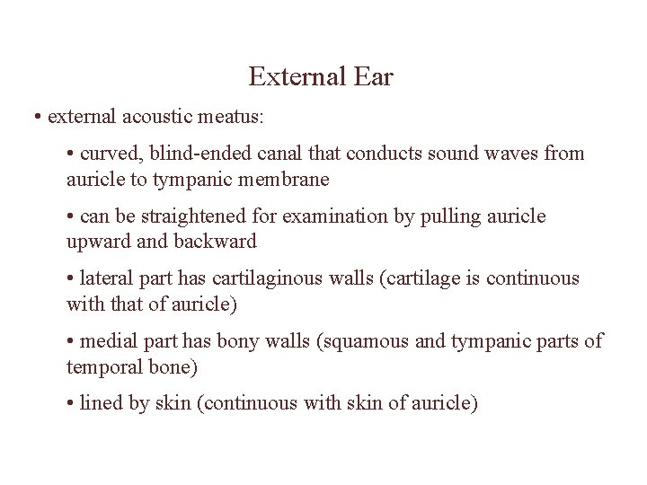 External Ear • external acoustic meatus: • curved, blind-ended canal that conducts sound waves