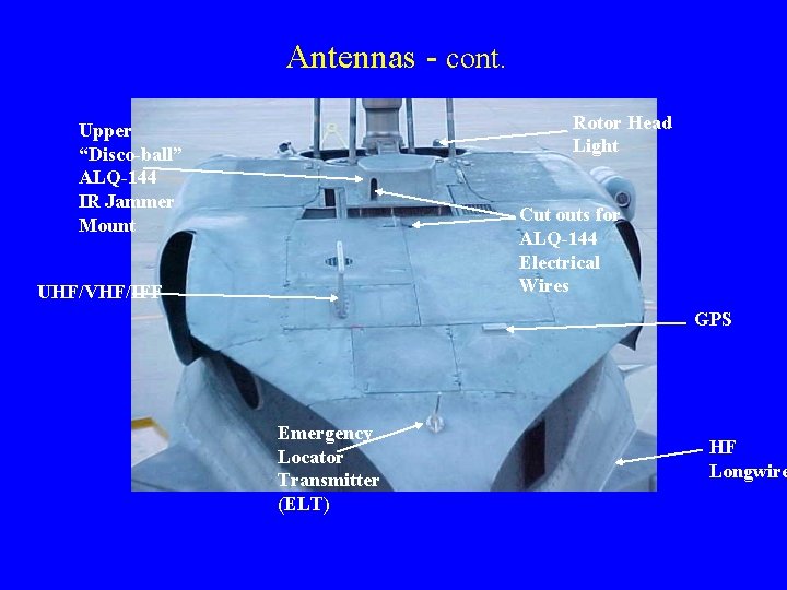 Antennas - cont. Rotor Head Light Upper “Disco-ball” ALQ-144 IR Jammer Mount Cut outs