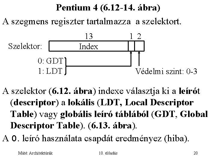 Pentium 4 (6. 12 -14. ábra) A szegmens regiszter tartalmazza a szelektort. Szelektor: 13
