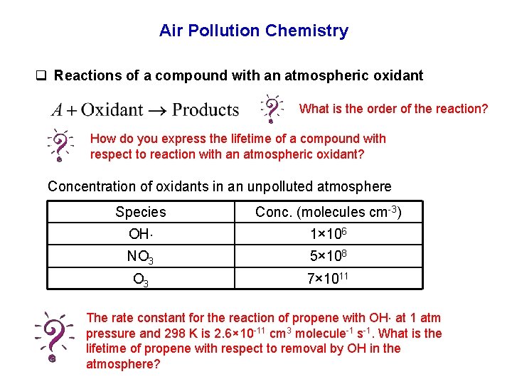 Air Pollution Chemistry q Reactions of a compound with an atmospheric oxidant What is
