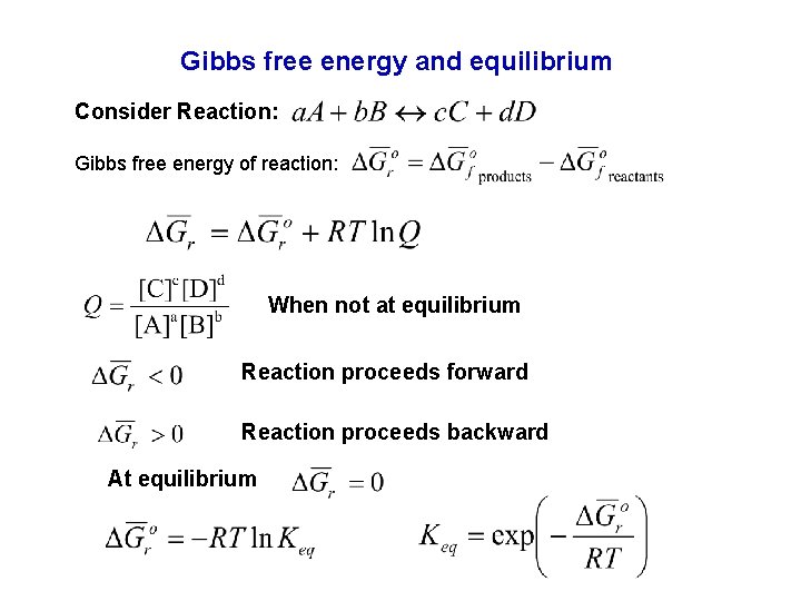 Gibbs free energy and equilibrium Consider Reaction: Gibbs free energy of reaction: When not