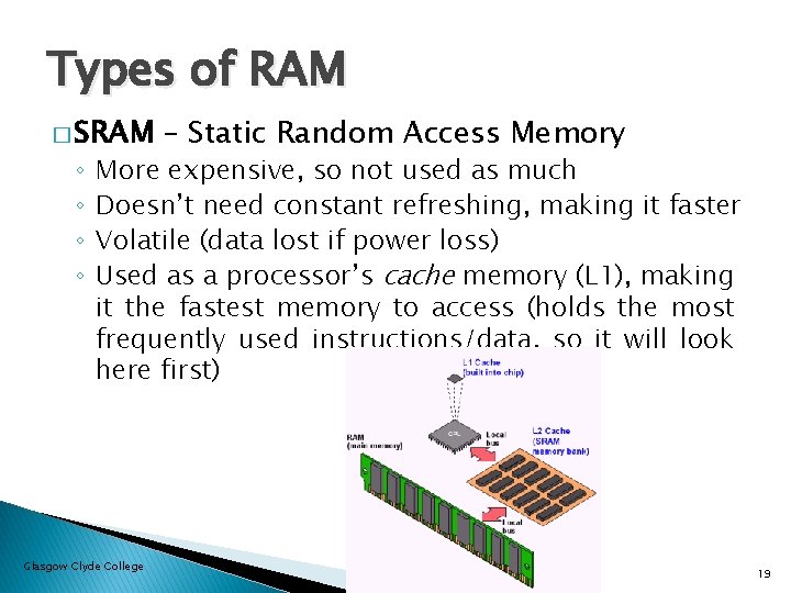 Types of RAM � SRAM ◦ ◦ – Static Random Access Memory More expensive,