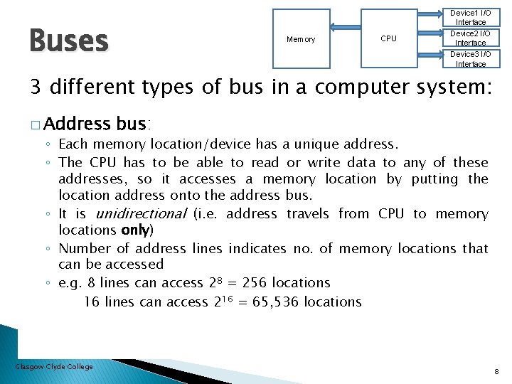 Buses Memory CPU Device 1 I/O Interface Device 2 I/O Interface Device 3 I/O