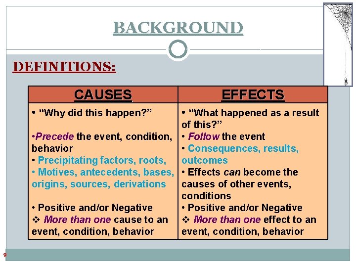 BACKGROUND DEFINITIONS: CAUSES • “Why did this happen? ” EFFECTS • “What happened as BACKGROUND DEFINITIONS: CAUSES • “Why did this happen? ” EFFECTS • “What happened as