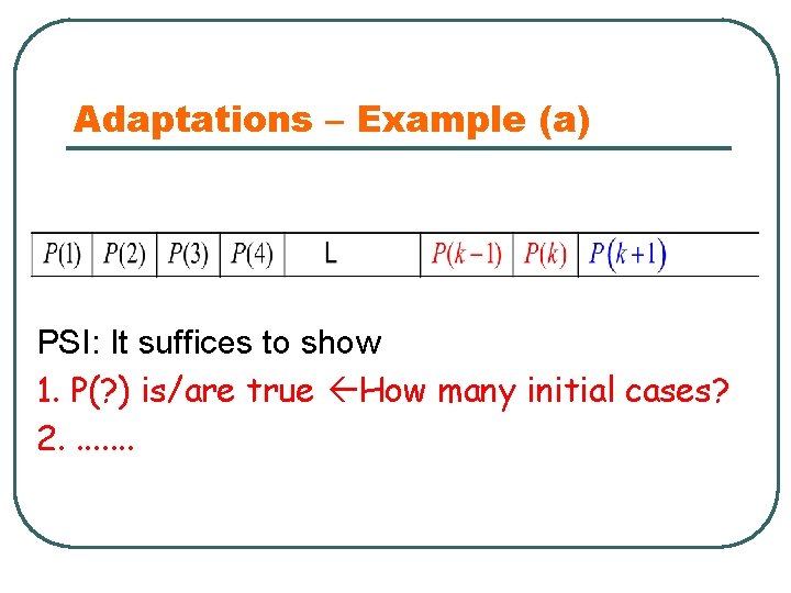 Adaptations – Example (a) PSI: It suffices to show 1. P(? ) is/are true