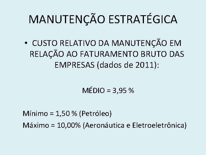 MANUTENÇÃO ESTRATÉGICA • CUSTO RELATIVO DA MANUTENÇÃO EM RELAÇÃO AO FATURAMENTO BRUTO DAS EMPRESAS