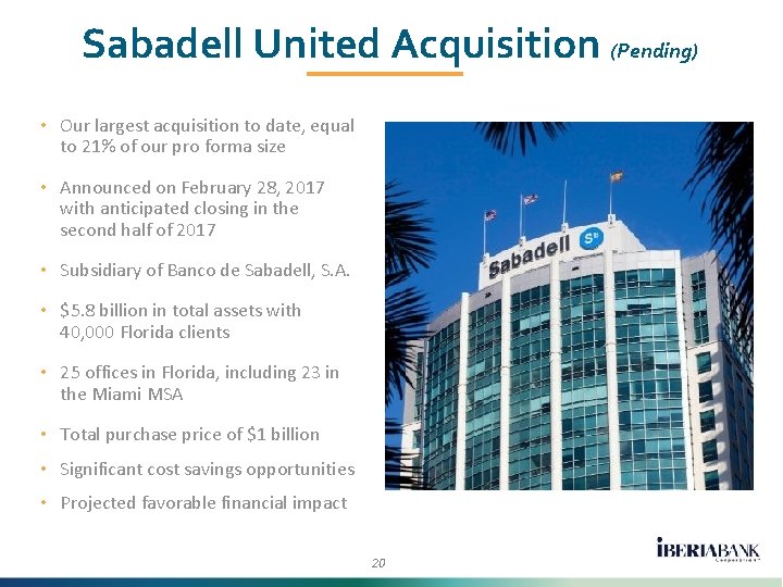 Sabadell United Acquisition (Pending) • Our largest acquisition to date, equal to 21% of