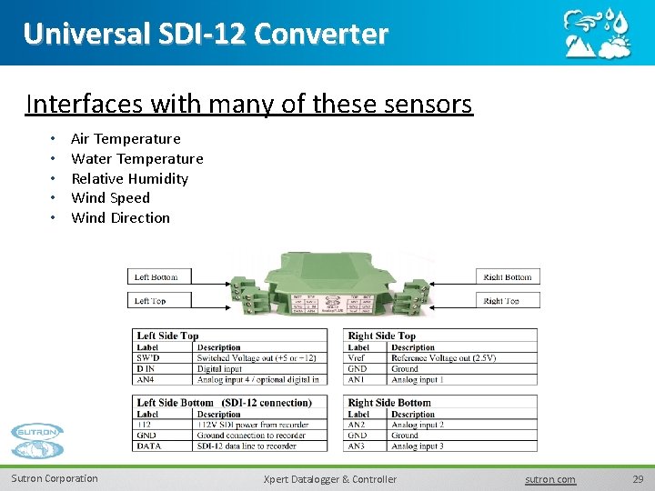 Universal SDI-12 Converter Interfaces with many of these sensors • • • Air Temperature