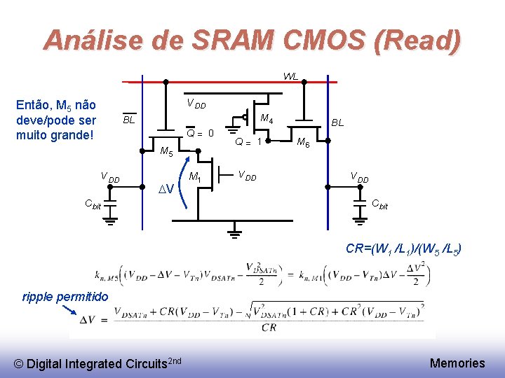 Análise de SRAM CMOS (Read) WL V DD Então, M 5 não deve/pode ser