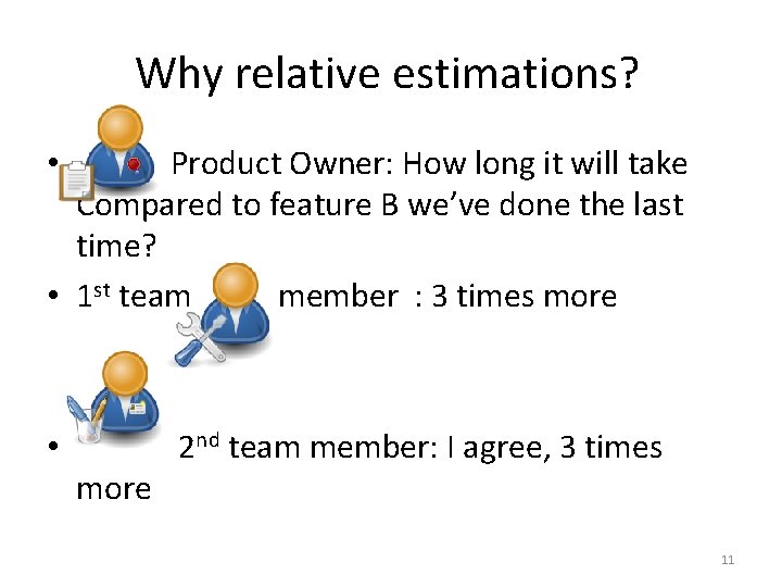 Why relative estimations? Product Owner: How long it will take Compared to feature B