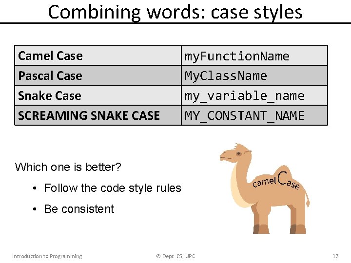 Combining words: case styles Camel Case Pascal Case Snake Case SCREAMING SNAKE CASE my.