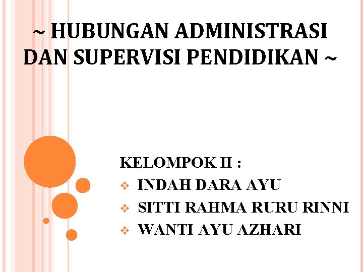 ~ HUBUNGAN ADMINISTRASI DAN SUPERVISI PENDIDIKAN ~ KELOMPOK II : v INDAH DARA AYU