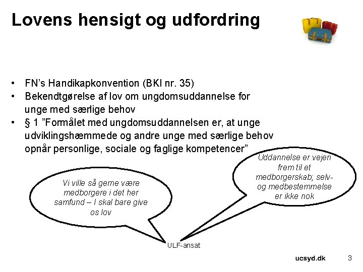 Lovens hensigt og udfordring • FN’s Handikapkonvention (BKI nr. 35) • Bekendtgørelse af lov