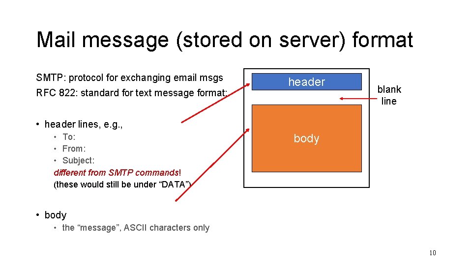 Mail message (stored on server) format SMTP: protocol for exchanging email msgs RFC 822: