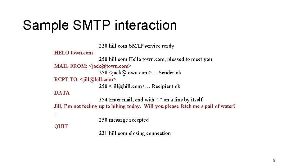 Sample SMTP interaction 220 hill. com SMTP service ready HELO town. com 250 hill.