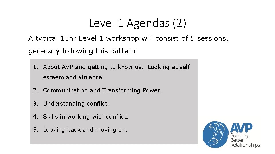 Level 1 Agendas (2) A typical 15 hr Level 1 workshop will consist of Level 1 Agendas (2) A typical 15 hr Level 1 workshop will consist of