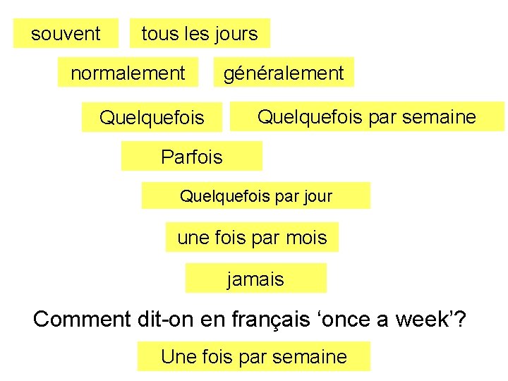 souvent tous les jours normalement Quelquefois généralement Quelquefois par semaine Parfois Quelquefois par jour