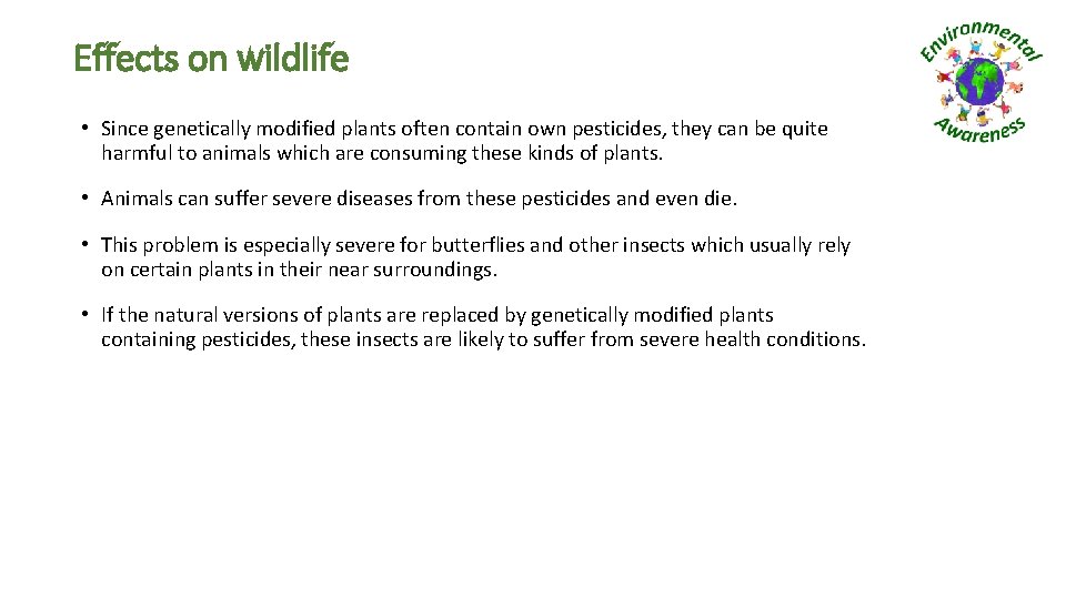 Effects on wildlife • Since genetically modified plants often contain own pesticides, they can