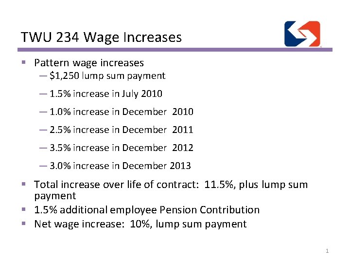 TWU 234 Wage Increases § Pattern wage increases — $1, 250 lump sum payment