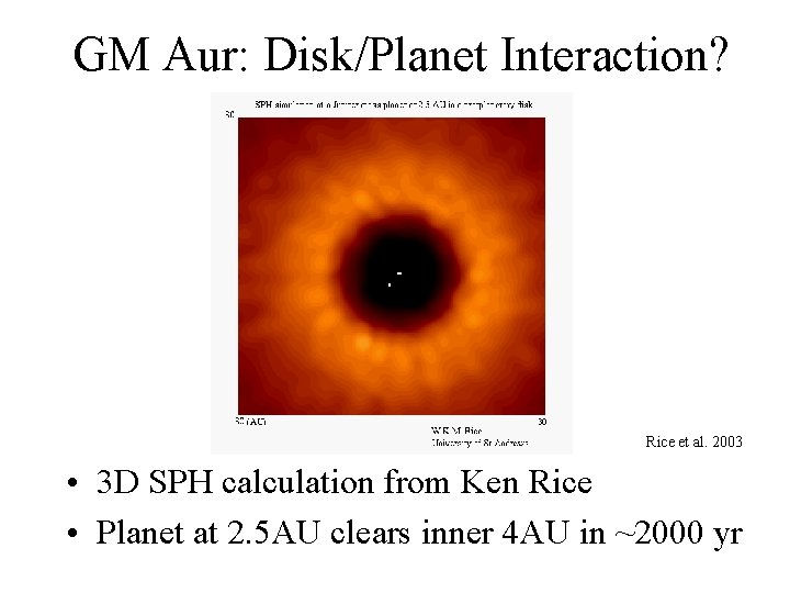 GM Aur: Disk/Planet Interaction? Rice et al. 2003 • 3 D SPH calculation from